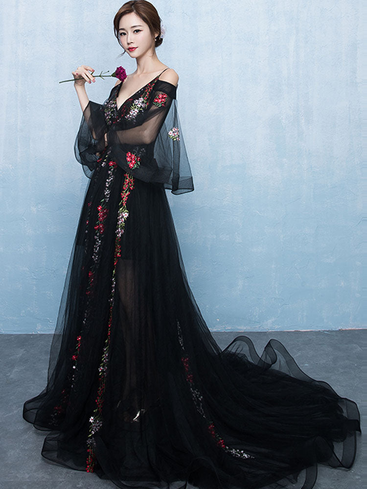Black Lace Floral Tulle Unique Long Formal Dress, Black Evening Dress Party Dress