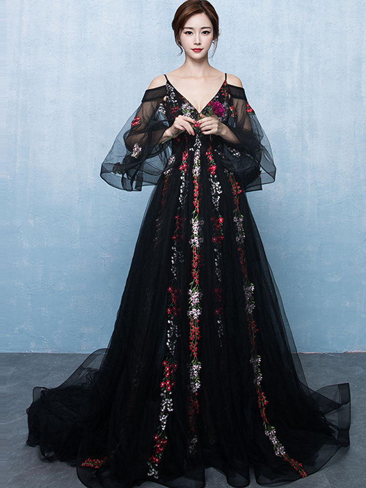 Black Lace Floral Tulle Unique Long Formal Dress, Black Evening Dress Party Dress