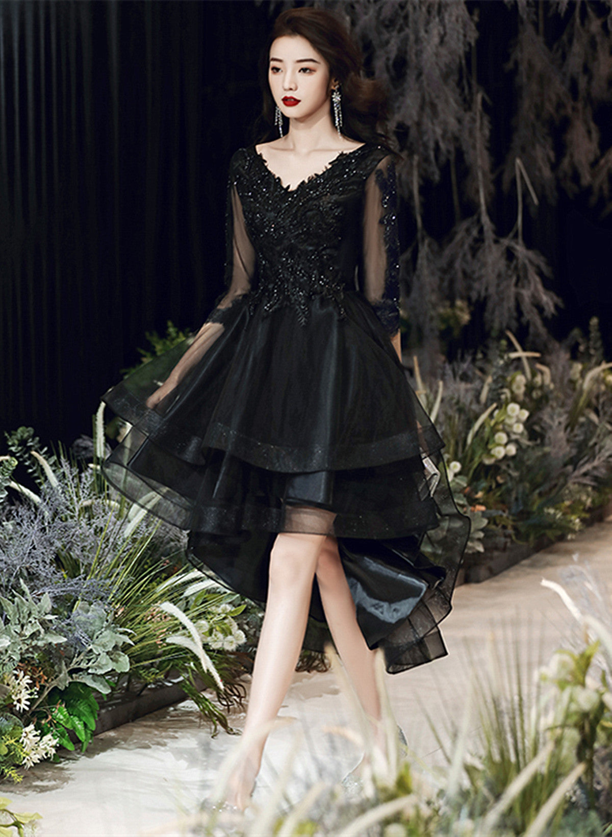 Black Tulle with Lace High Low Party Dress, Black V-neckline Homecoming Dress