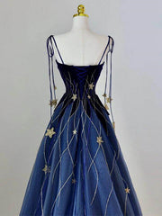 Blue A-line Velvet and Tulle Long Party Dress withEmbroidered Gold Star, Blue Long Formal Dress