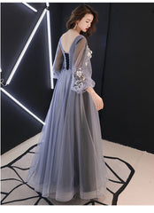 A-line Puffy Long Sleeves Flowers Tulle Party Dress, Tulle Floor Length Prom Dress