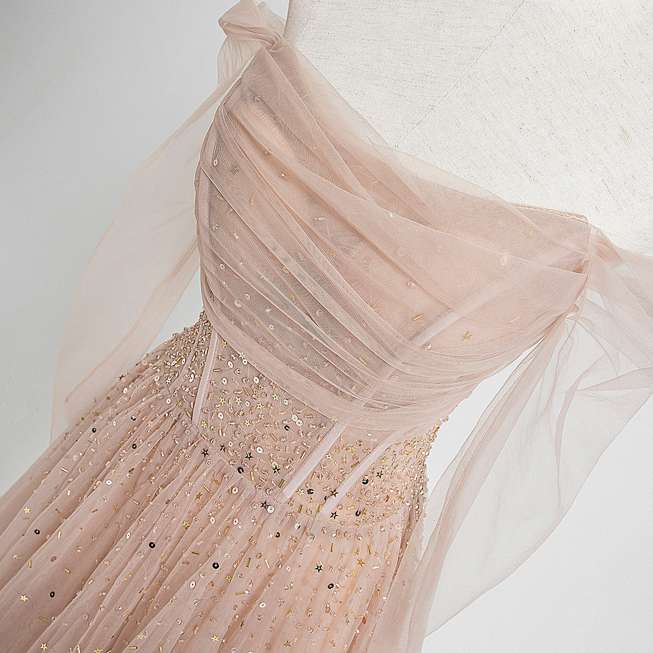 Beautiful Tulle Beaded Long Sleeves Prom Dresses, A-line Champagne Evening Gown