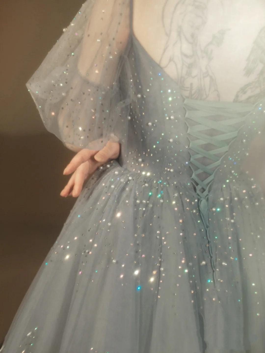 Blue Beaded A-line Tulle Long Party Dress, Blue Evening Dress Prom Dress