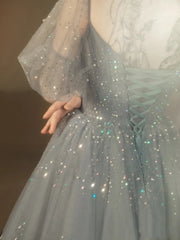 Blue Beaded A-line Tulle Long Party Dress, Blue Evening Dress Prom Dress