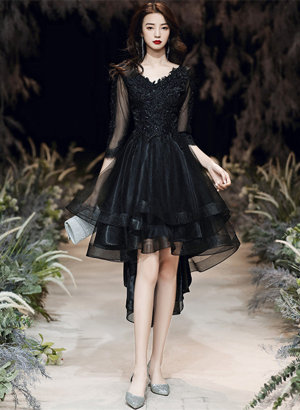Black Tulle with Lace High Low Party Dress, Black V-neckline Homecoming Dress