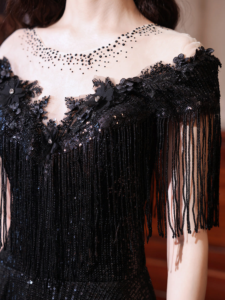 Black Sequins and Lace A-line Prom Dress, Black Formal Dress Party Dress