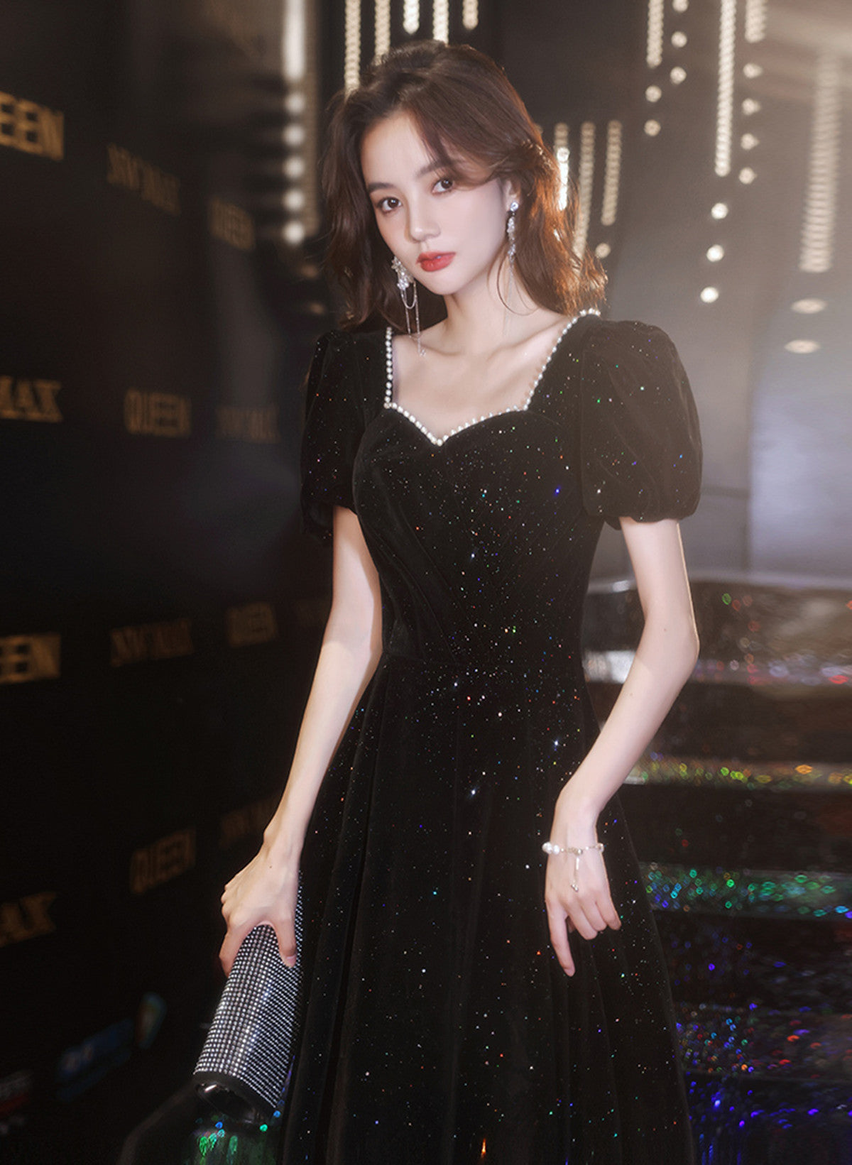 Black Short Sleeves A-line Velvet Long Prom Dress, Black Evening Dress Party Dress