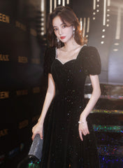 Black Short Sleeves A-line Velvet Long Prom Dress, Black Evening Dress Party Dress