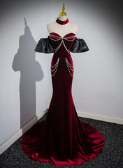 Beauiful Wine Red Off Shoulder Mermaid Long Prom Dress, Wine Red Party Dress