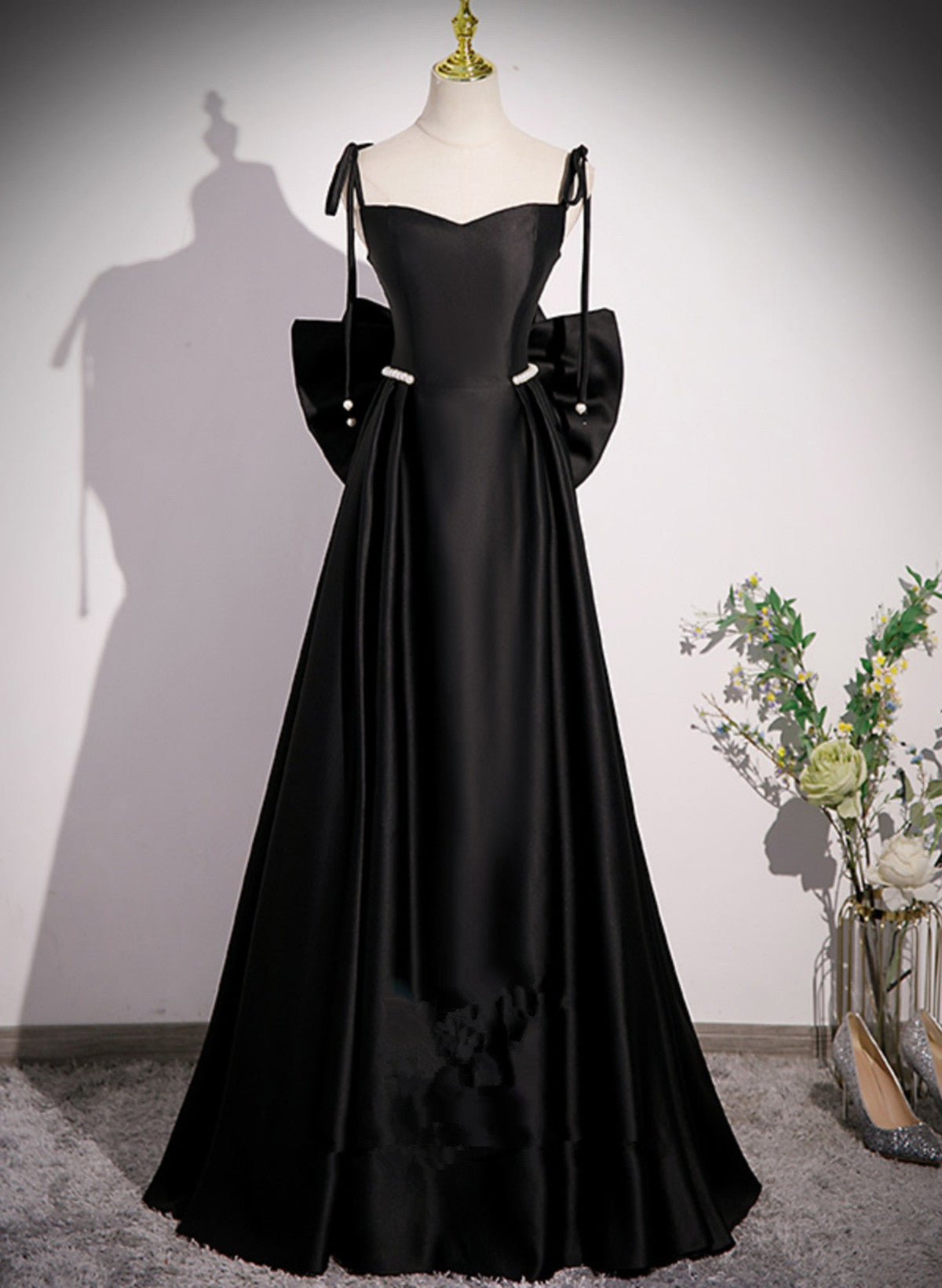 Black Satin Sweetheart Long Prom Dress with Bow, Black Long Evening Dress