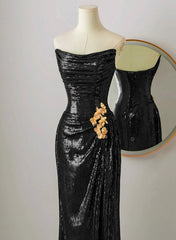 Black Scoop Sequins Floor Length Prom Dress, Black Sequins Evening Dress