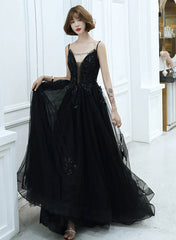 Black V-neckline Tulle with Lace Applique Long Prom Dress, Black Evening Dress