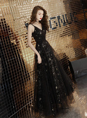 Black Straps V-neckline Long Party Dress, A-line Black Tulle Prom Dress