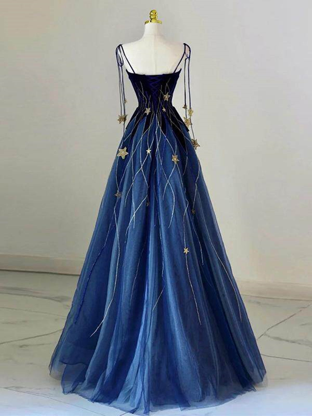 Blue A-line Velvet and Tulle Long Party Dress withEmbroidered Gold Star, Blue Long Formal Dress