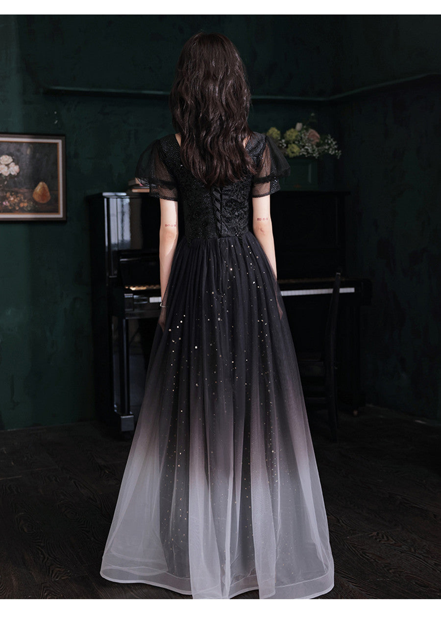 Black Short Sleeves Gradient Tulle with Lace Party Dress, Black A-line Prom Dress