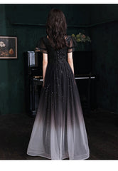 Black Short Sleeves Gradient Tulle with Lace Party Dress, Black A-line Prom Dress