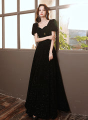 Black Short Sleeves A-line Velvet Long Prom Dress, Black Evening Dress Party Dress