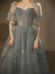 Blue Beaded A-line Tulle Long Party Dress, Blue Evening Dress Prom Dress