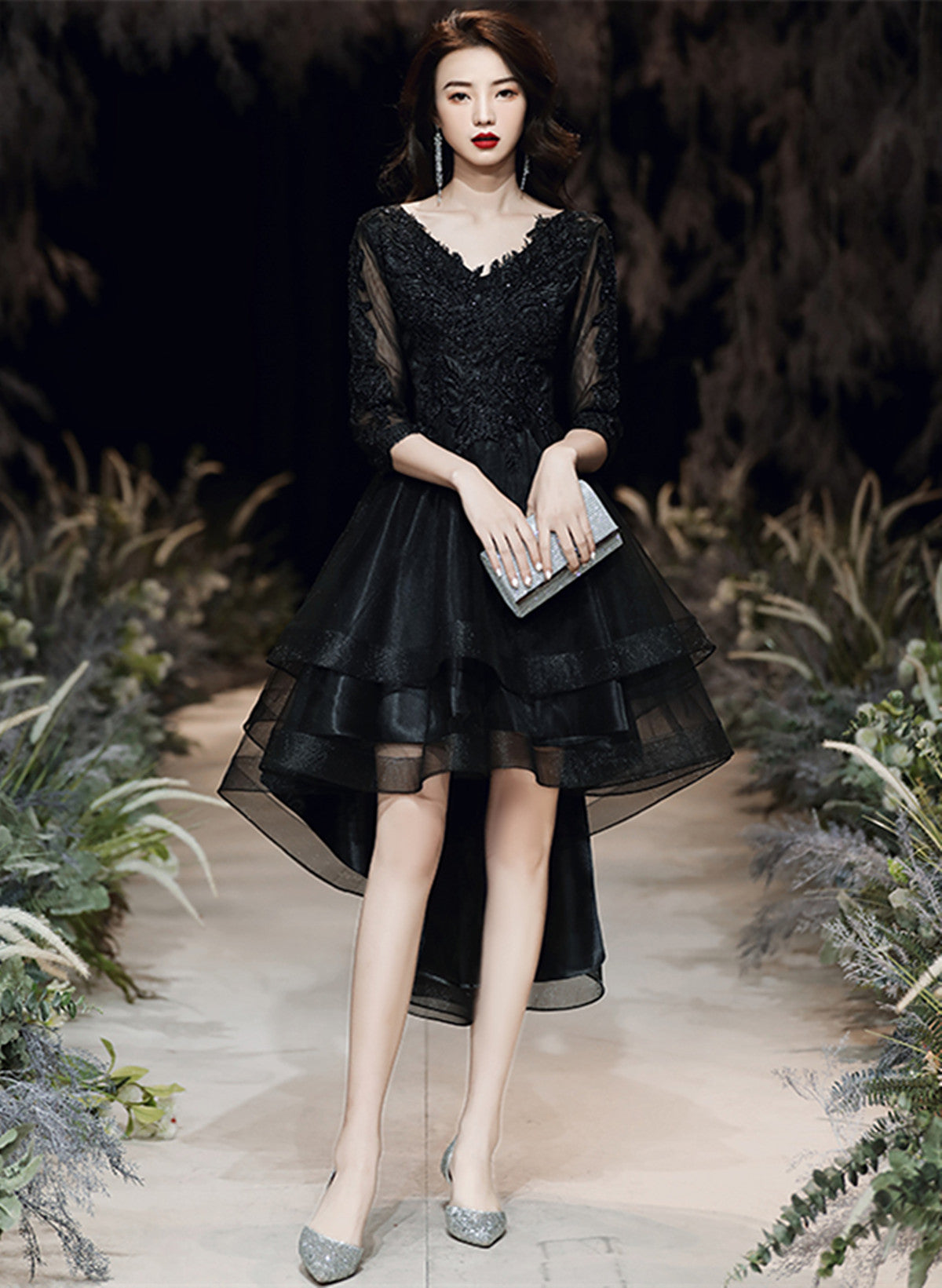 Black Tulle with Lace High Low Party Dress, Black V-neckline Homecoming Dress