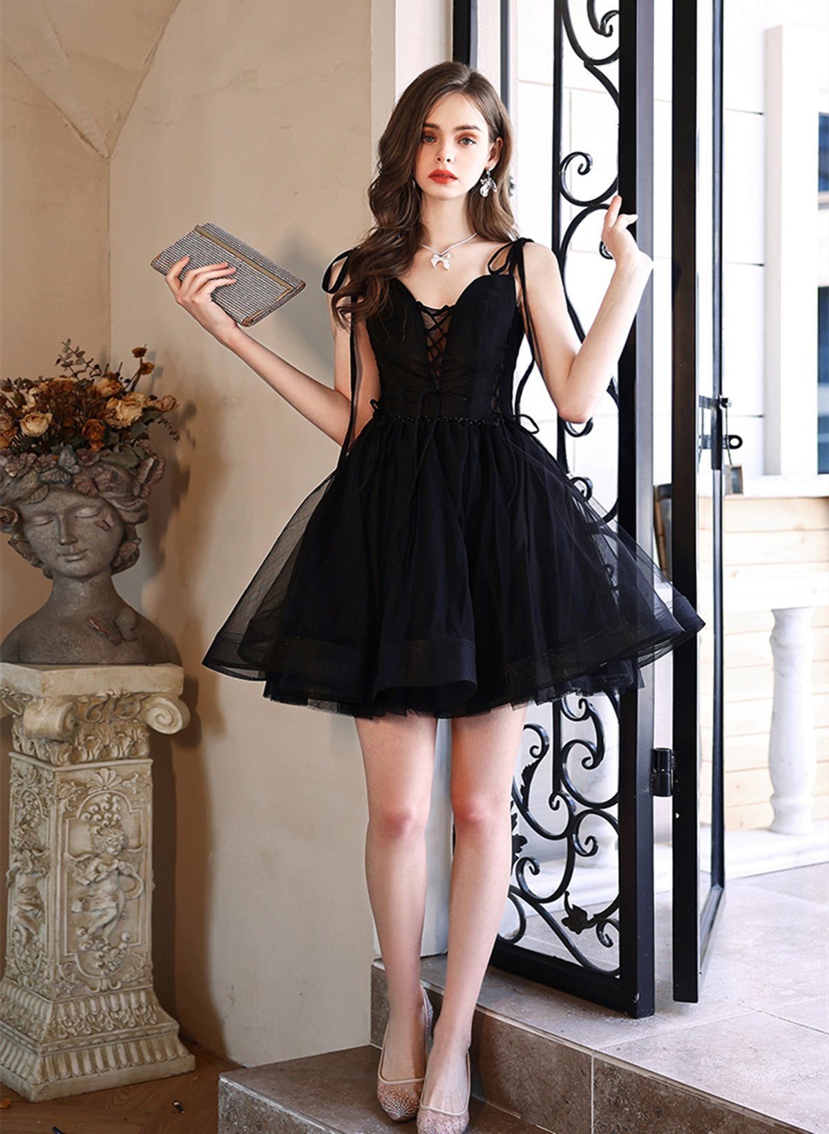 Black V-neckline Straps Short Party Dress, Black Tulle Homecoming Dress
