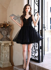 Black V-neckline Straps Short Party Dress, Black Tulle Homecoming Dress