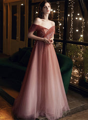 A-line Pink Gradient Tulle Long Beaded Formal Dress, Pink Tulle Prom Dress