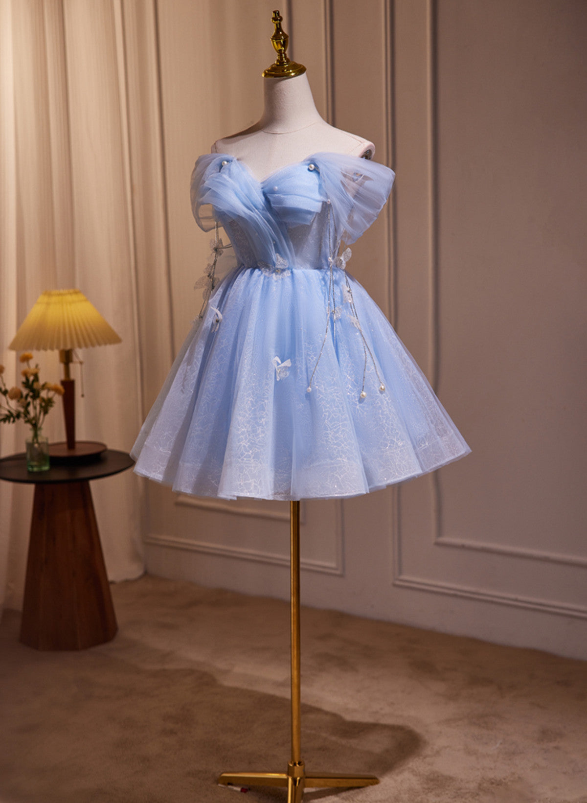 A-line Blue Short Off Shoulder Knee Length Homecoming Dress, Blue Short Prom Dress