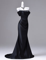 Black Satin Long Off Shoulder Mermaid Party Dress, Black Simple Evening Dress Formal Dress