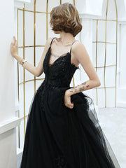 Black V-neckline Tulle with Lace Applique Long Prom Dress, Black Evening Dress