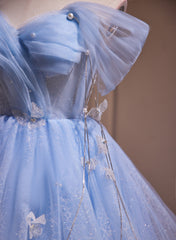 A-line Blue Short Off Shoulder Knee Length Homecoming Dress, Blue Short Prom Dress