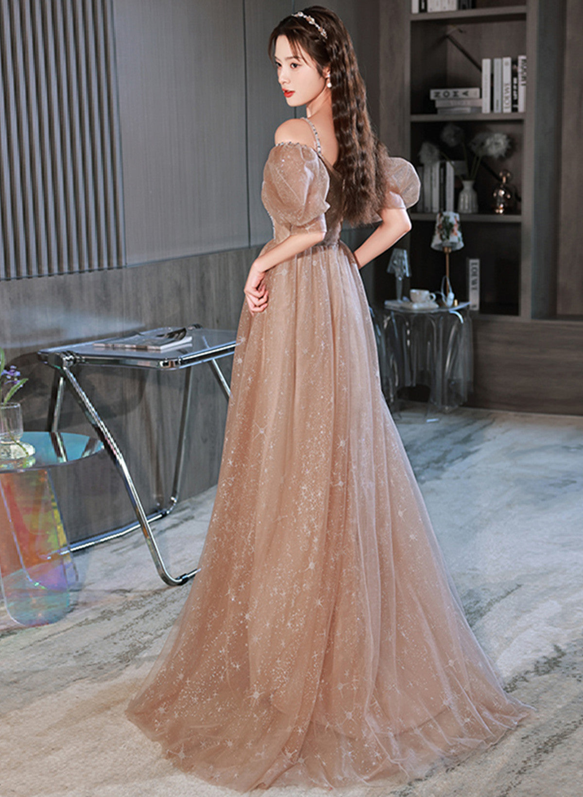 A-line Champagne Tulle Off Shoulder Long Party Dress, Champagne Formal Dress Prom Dress