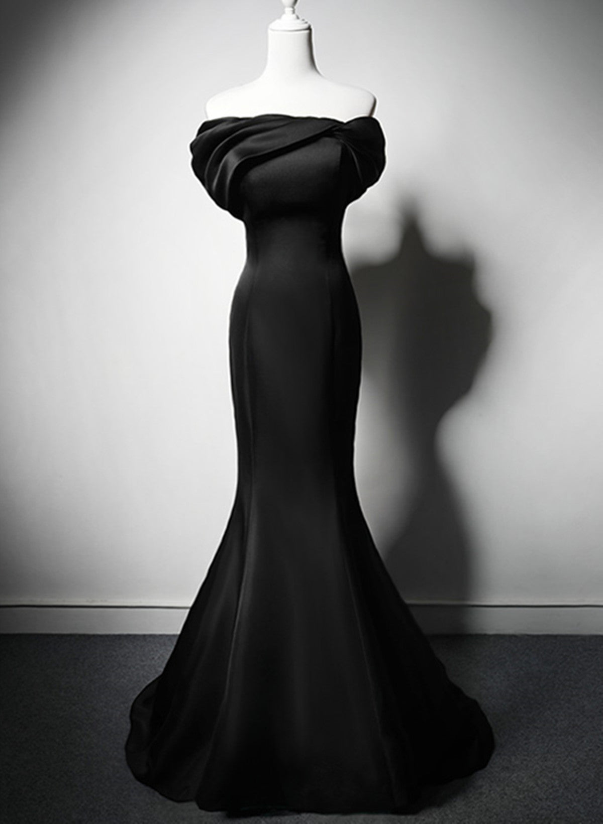 Black Mermaid Satin Off Shoulder Evening Dress, Black Satin Prom Dress