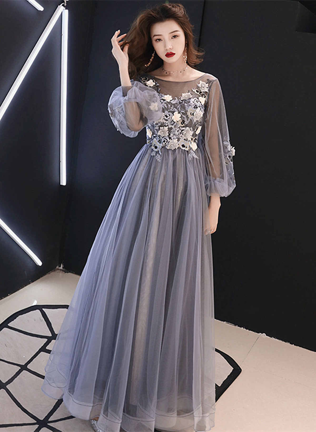 A-line Puffy Long Sleeves Flowers Tulle Party Dress, Tulle Floor Length Prom Dress