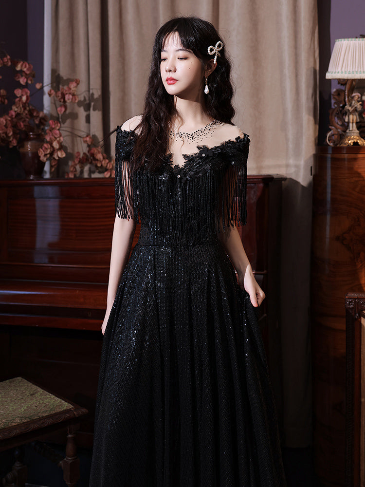 Black Sequins and Lace A-line Prom Dress, Black Formal Dress Party Dress