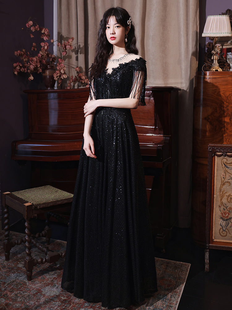Black Sequins and Lace A-line Prom Dress, Black Formal Dress Party Dress