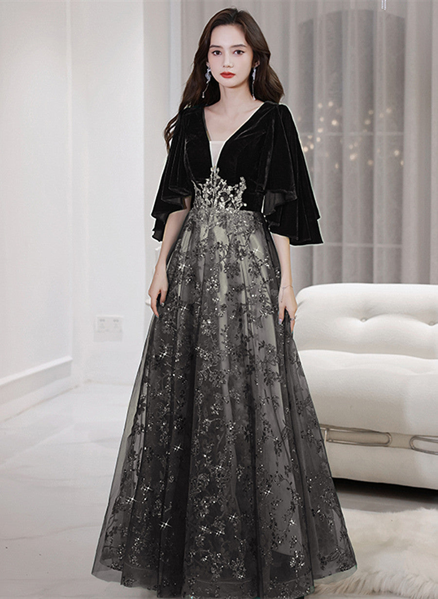 Black Tulle and Velvet Chic Long A-line Prom Dress, Black Formal Dress