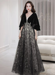 Black Tulle and Velvet Chic Long A-line Prom Dress, Black Formal Dress