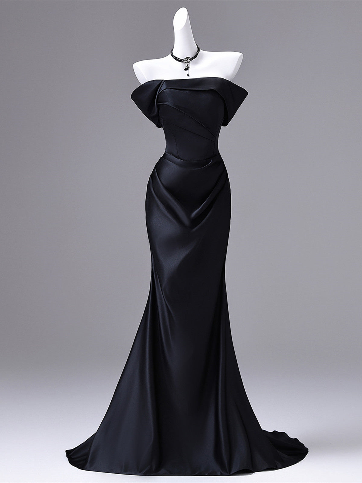 Black Satin Long Off Shoulder Mermaid Party Dress, Black Simple Evening Dress Formal Dress