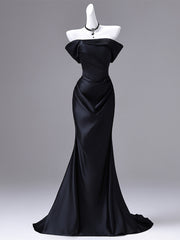 Black Satin Long Off Shoulder Mermaid Party Dress, Black Simple Evening Dress Formal Dress