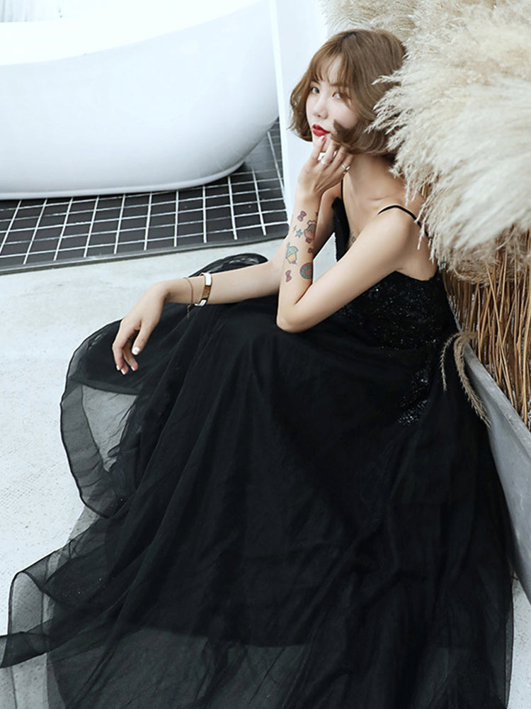 Black V-neckline Tulle with Lace Applique Long Prom Dress, Black Evening Dress