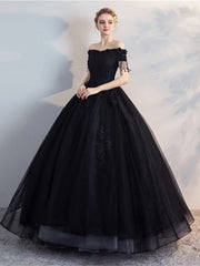 Black Off Shoulder Tulle with Lace Applique Party Dress, Sweetheart Ball Gown Prom Dress