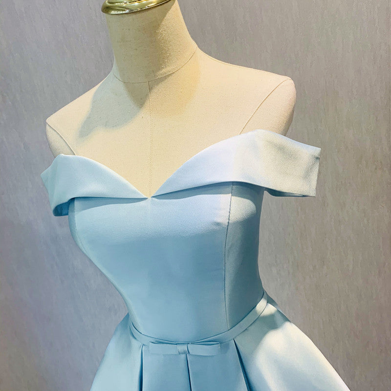 Beautiful Blue Satin Cute Short Homecoming Dress, Off Shoulder Party Dress