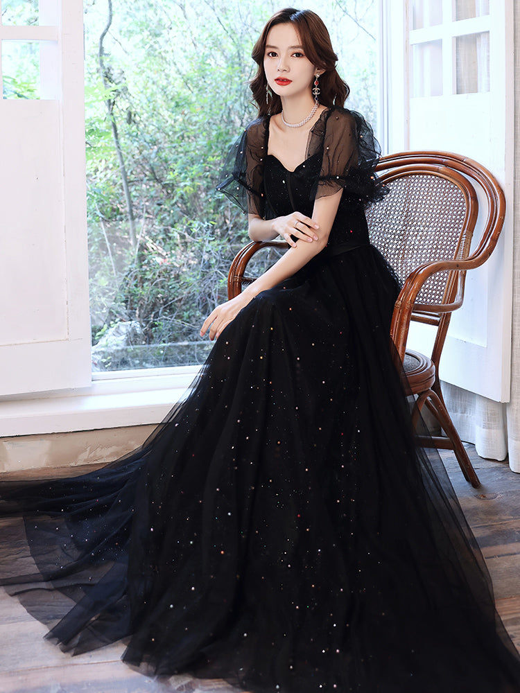 Black Off Shoulder Tulle Long Party Dress, Black A-line Long Prom Dress