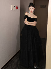 Black Off Shoulder Sweetheart Velvet and Tulle Prom Dress, Black Sweet 16 Dress
