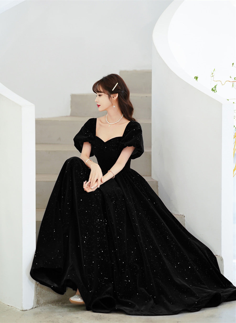 Black Velvet Short Sleeves A-line Lace-up Party Dress, Black Long Wedding Party Dress