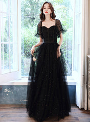 Black Off Shoulder Tulle Long Party Dress, Black A-line Long Prom Dress
