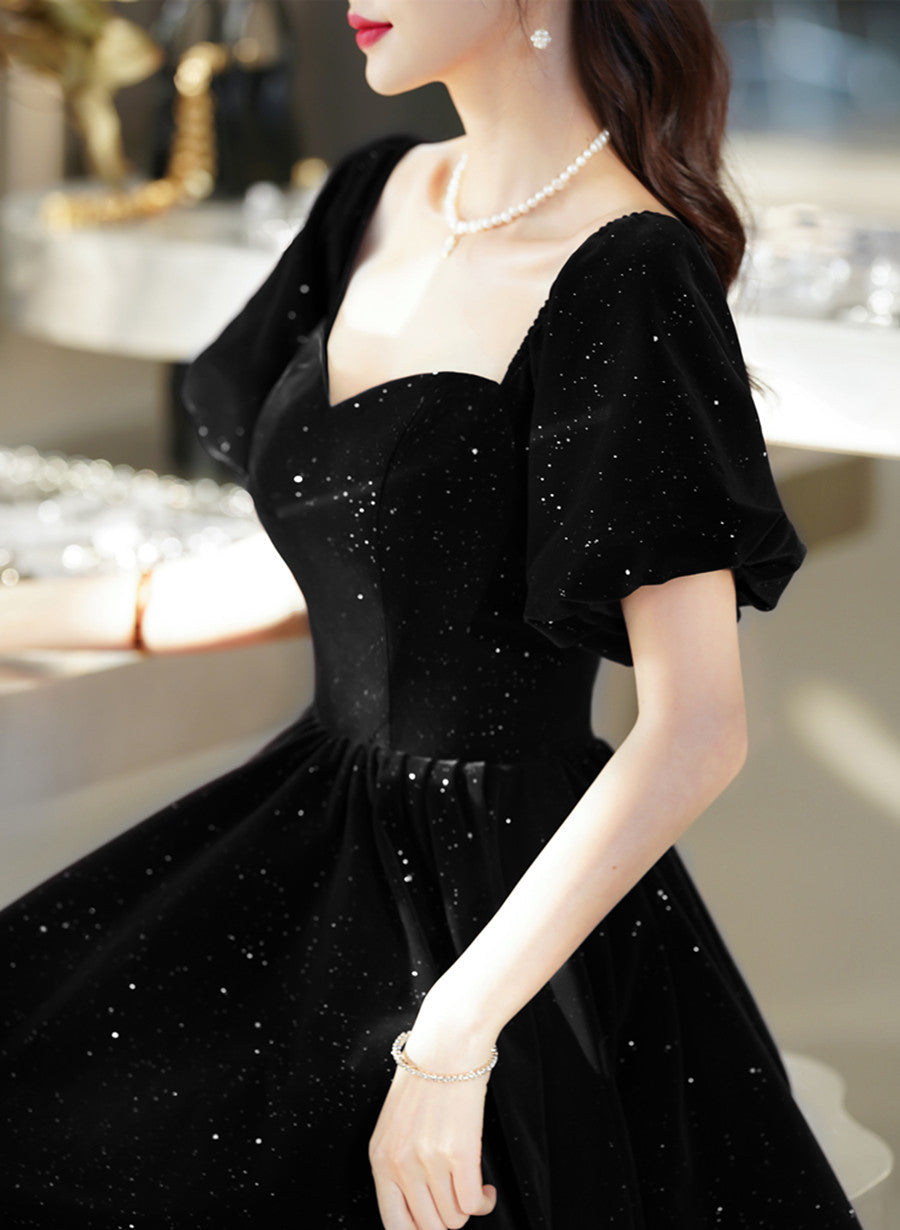 Black Velvet Short Sleeves A-line Lace-up Party Dress, Black Long Wedding Party Dress