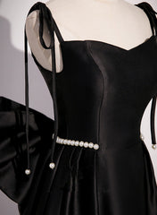 Black Satin Sweetheart Long Prom Dress with Bow, Black Long Evening Dress