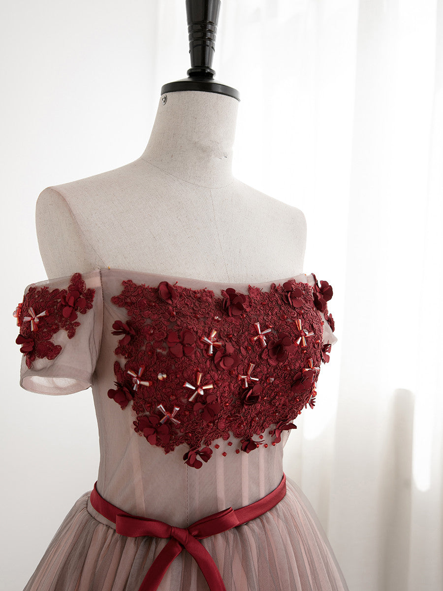 Beautiful Red Tulle Beaded and Lace Short Party Dresses, Off Shoulder Prom Dresses