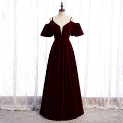 Beautiful Wine Red Velvet Off Shoulder Floor Length Party Dress, Velvet Junior Prom Dress